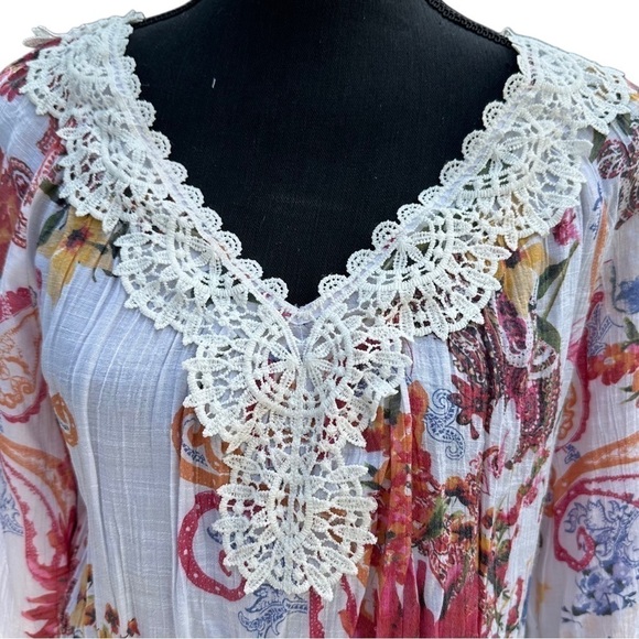 Spense Floral Tunic Top Embroidered Neck Cream Semi Sheer Long Sleeve - Picture 3 of 11